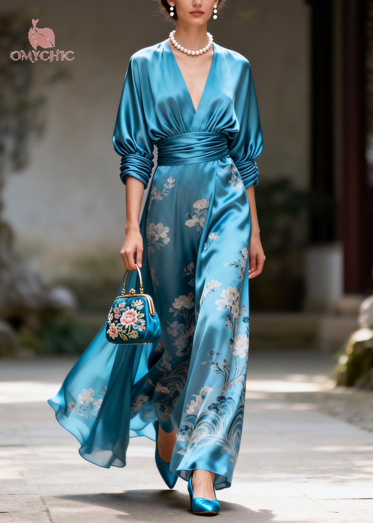 Satin Floral Deep V-Neck Batwing Sleeve Wrap Maxi Dress - View 5