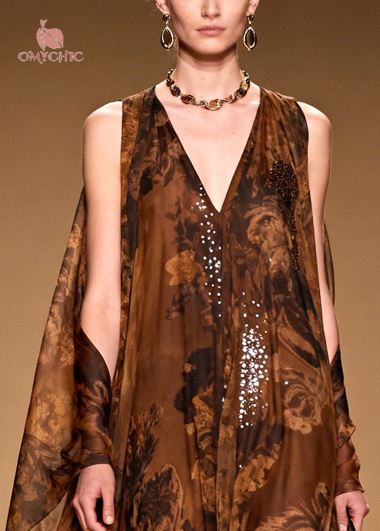 Sequin Floral Print Deep V-Neck Sheer Cape Panel Maxi Gown - View 2