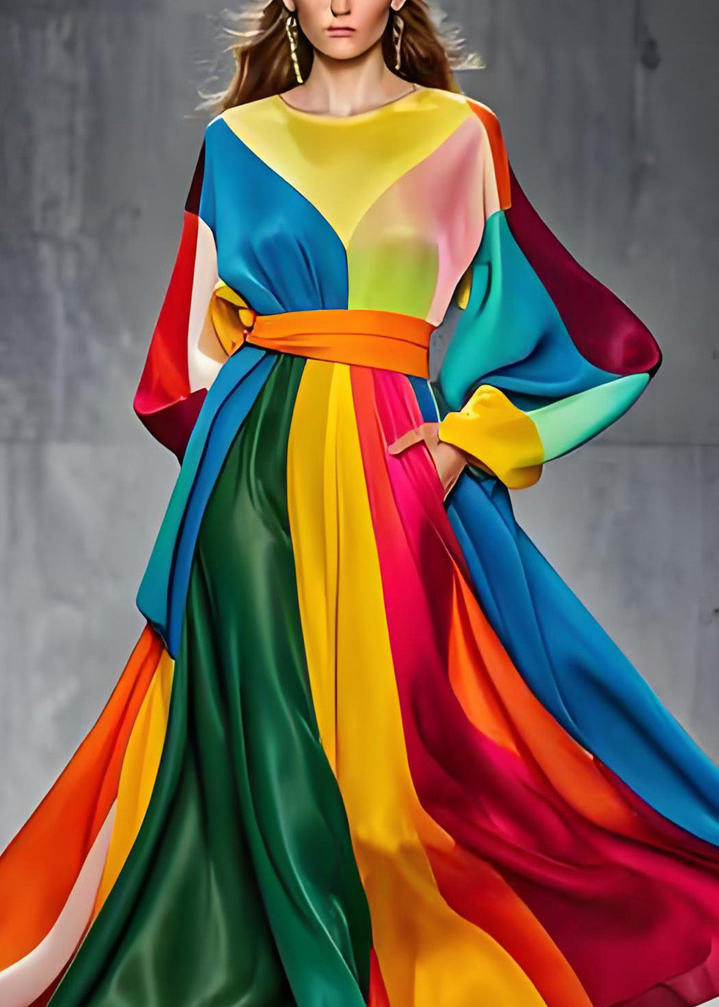 Satin Round Neck Bishop Sleeve Belted Geometric Maxi Gown - View 3