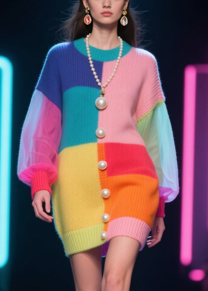 Pearl Button Sheer Puff Sleeve Ribbed Knit Mini Dress - View 2