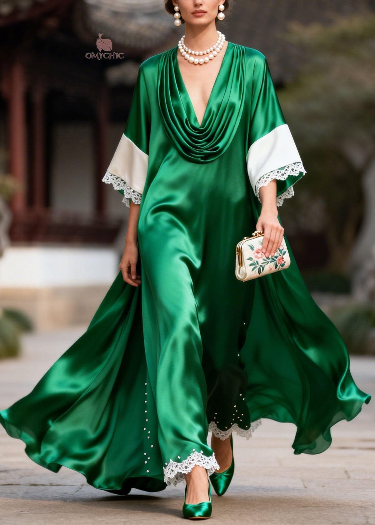 Satin Cowl Neck Wide Sleeve Lace Trim Pearl Embellished Maxi Gown - View 5