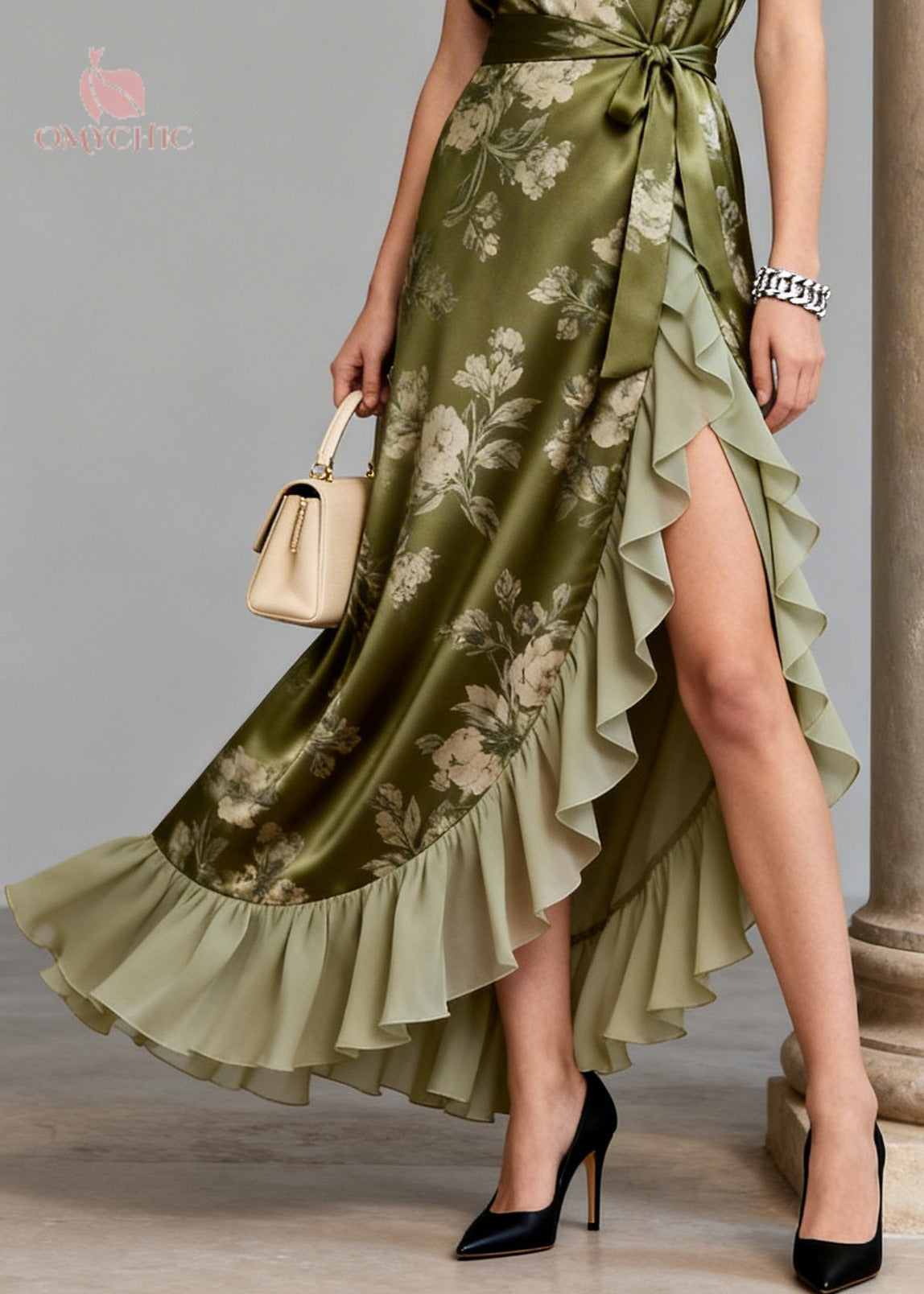 V-Neck Floral Print Wrap Ruffle High Low Satin Maxi Dress 4