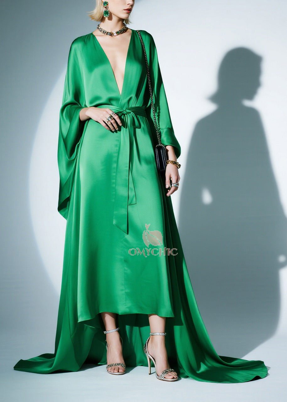 Satin Deep V-Neck Batwing Sleeve Tie Waist High Low Maxi Gown - View 3