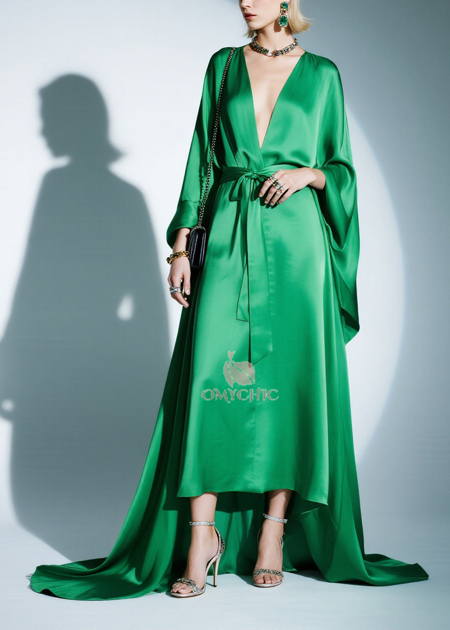 Satin Deep V-Neck Batwing Sleeve Tie Waist High Low Maxi Gown - View 5