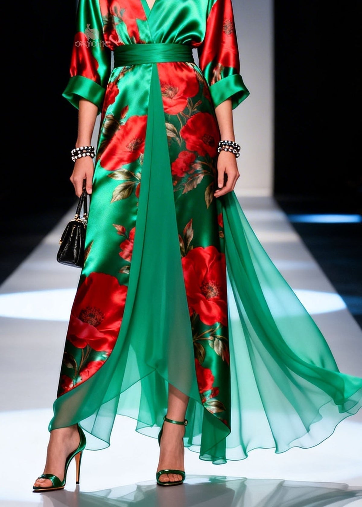 Floral Print Satin Wrap Deep V-Neck Belted Chiffon Panel Maxi Gown - View 4