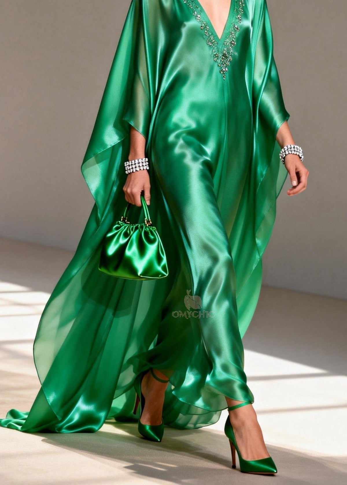 Satin Rhinestone Trim Deep V-Neck Long Cape Sleeve Kaftan Maxi Gown - View 4