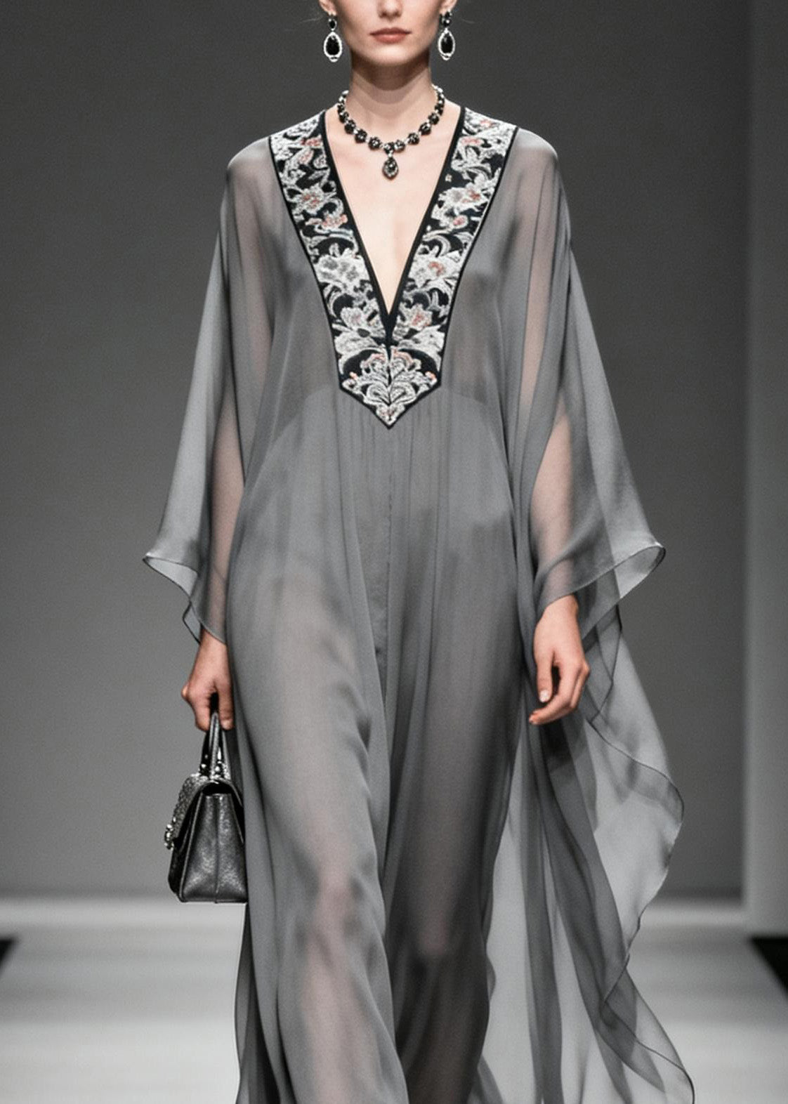 Floral Embroidery Deep V-Neck Angel Sleeve Sheer Maxi Dress - View 2