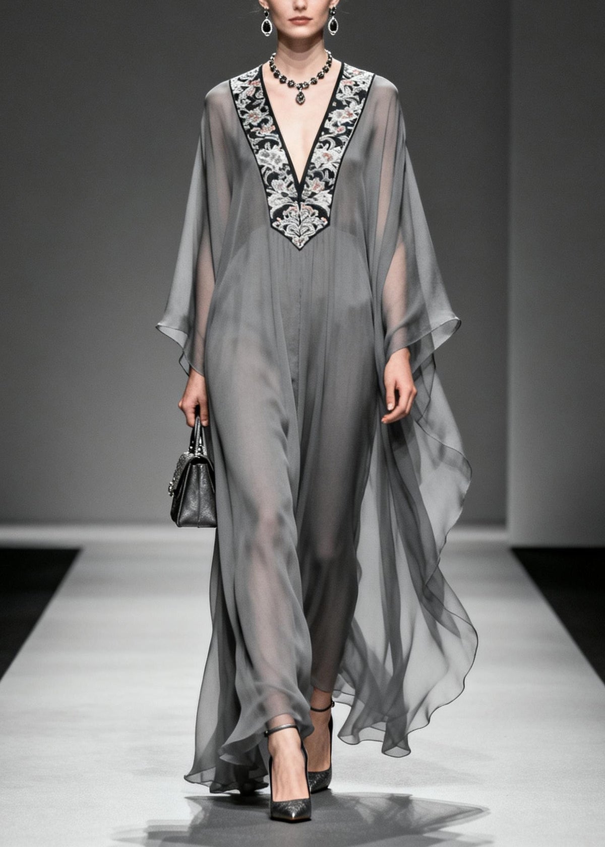 Floral Embroidery Deep V-Neck Angel Sleeve Sheer Maxi Dress - View 5