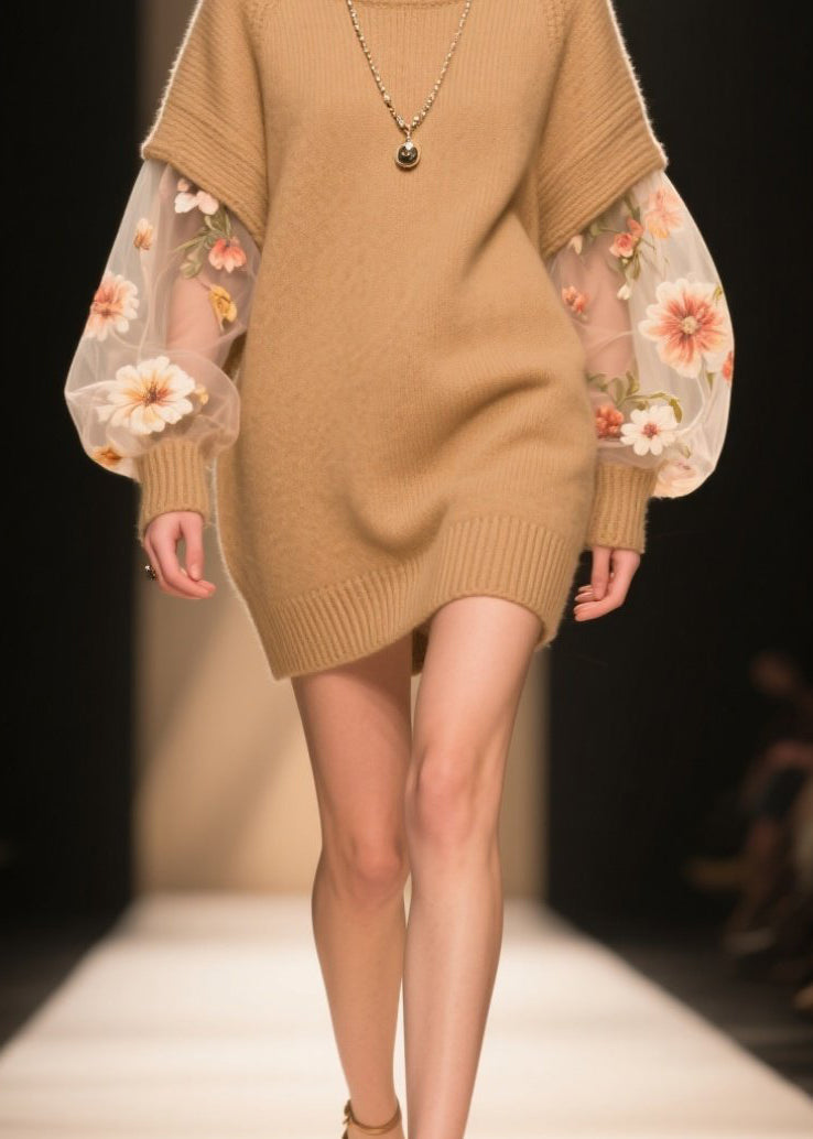 Turtleneck Floral Embroidered Mesh Sweater Mini Dress - View 4