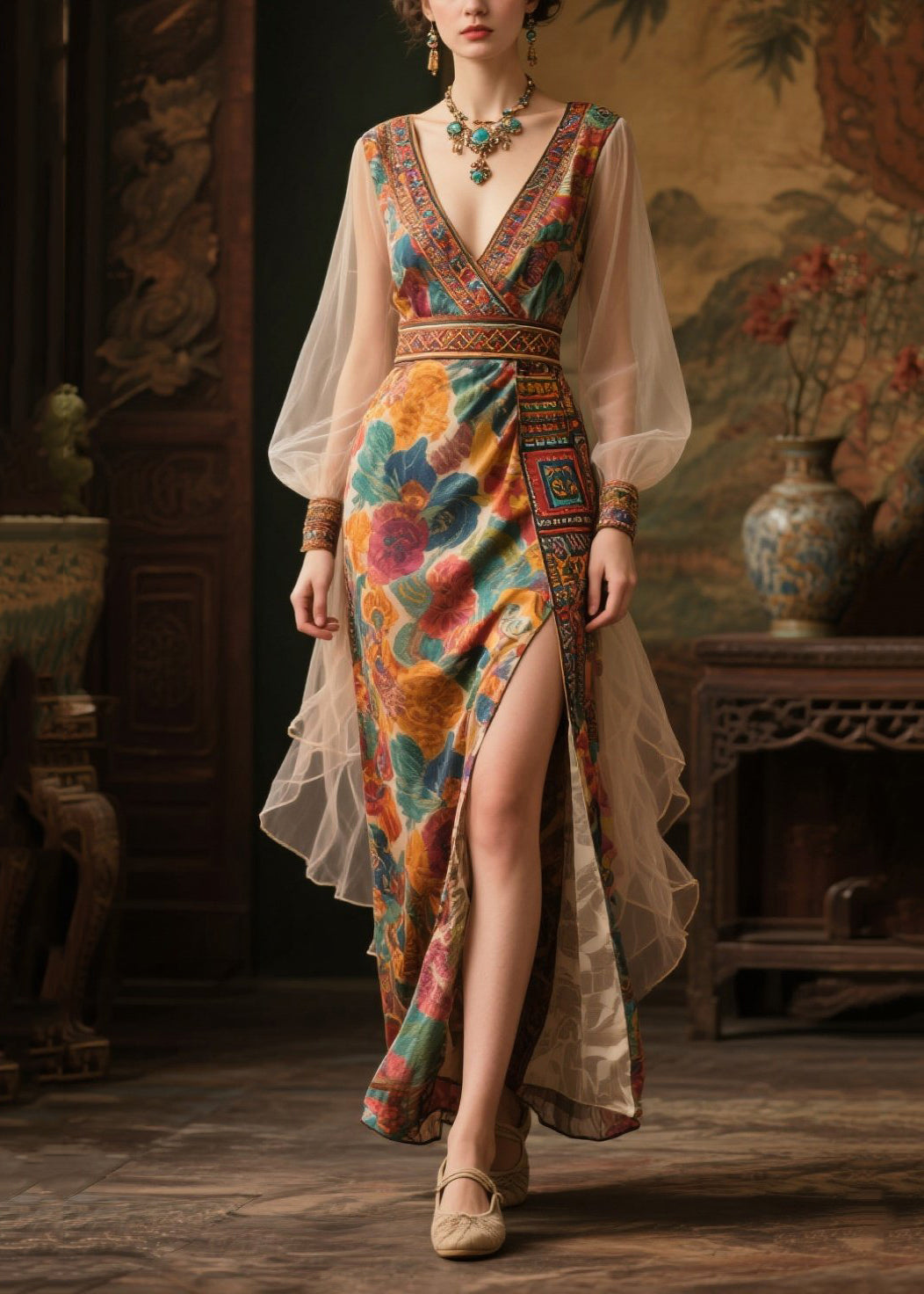 Floral Print Wrap Deep V-Neck Embroidered Trim Maxi Gown