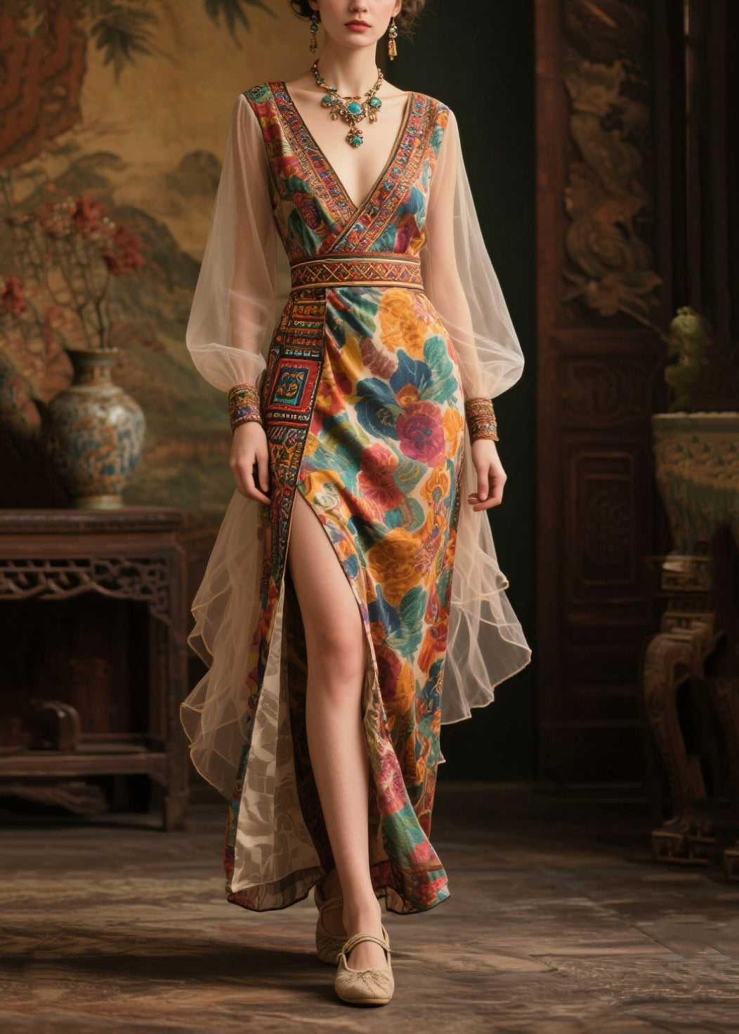 Floral Print Wrap Deep V-Neck Embroidered Trim Maxi Gown - View 3