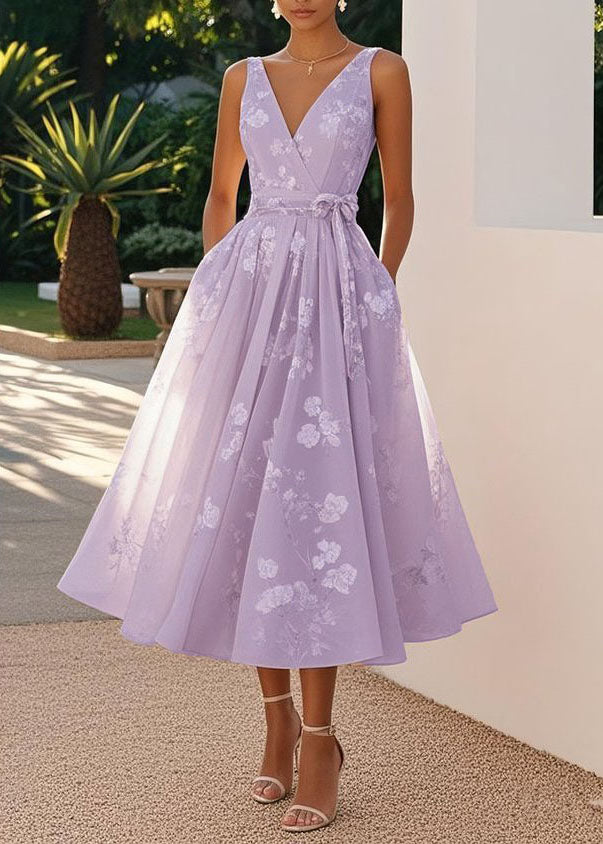 V-Neck Sleeveless Floral Print Belted A-Line Midi Dress 4