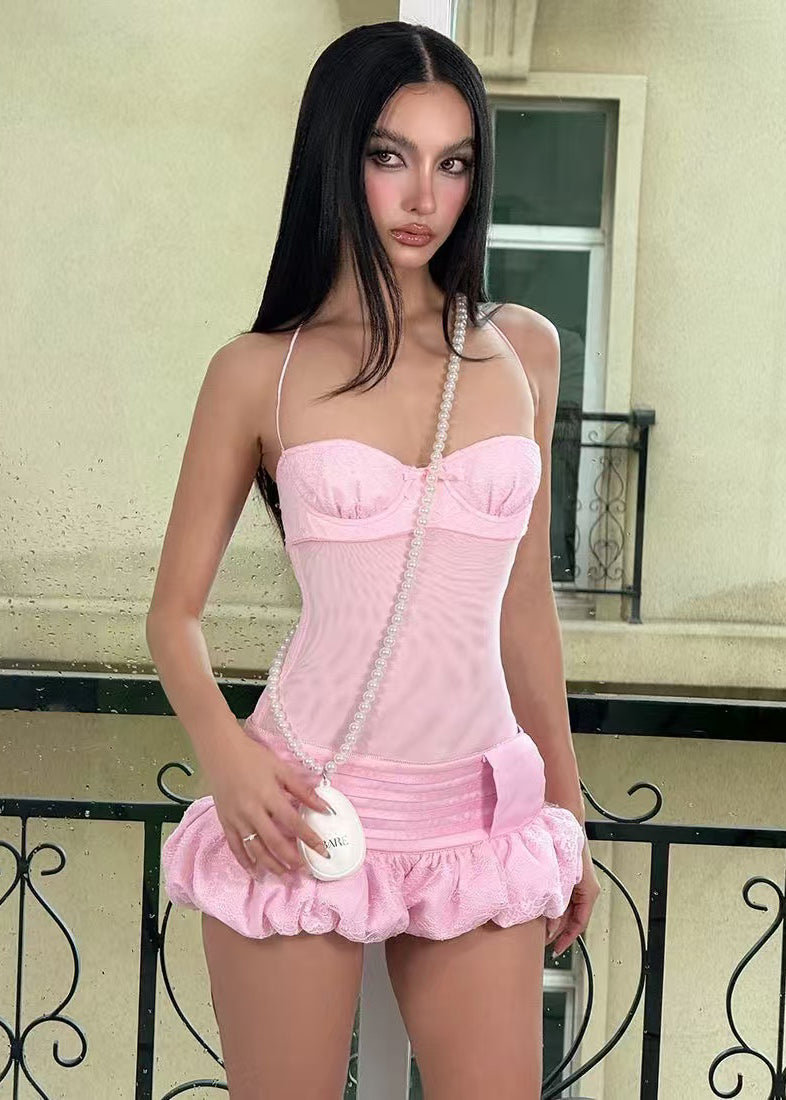 Halter Neck Bustier Mesh Bubble Hem Mini Dress