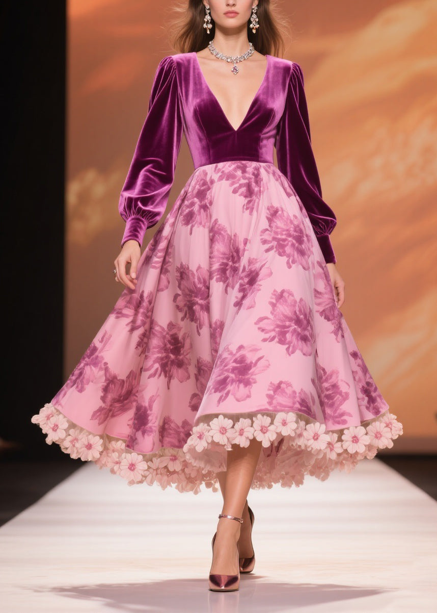 Velvet Patchwork Floral Print Deep V-Neck A-Line Midi Dress