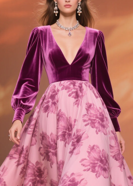 Velvet Patchwork Floral Print Deep V-Neck A-Line Midi Dress - View 2