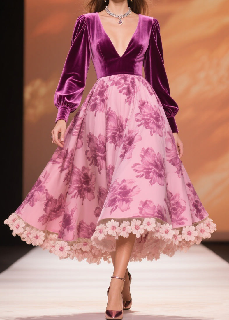 Velvet Patchwork Floral Print Deep V-Neck A-Line Midi Dress - View 5
