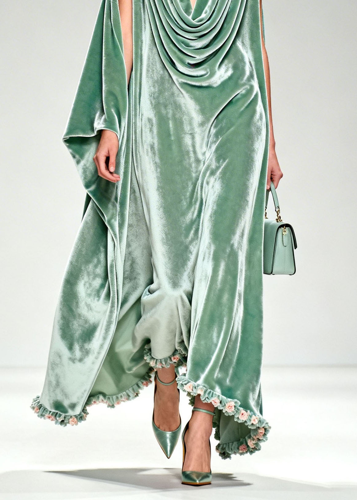 Cowl Neck Draped Velvet Floral Trim Maxi Dress 4