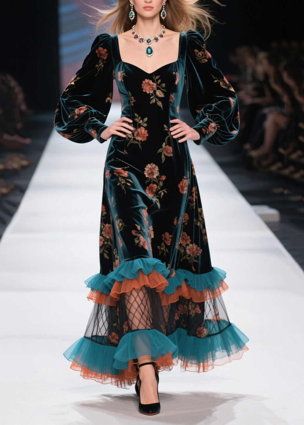 Floral Velvet Square Neck Puff Sleeve Tiered Ruffle Hem Maxi Dress 3