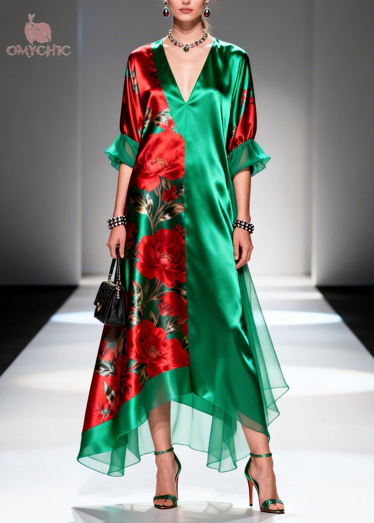 Satin Rose Print Panel Deep V-Neck Ruffle Cuff Maxi Dress - View 3