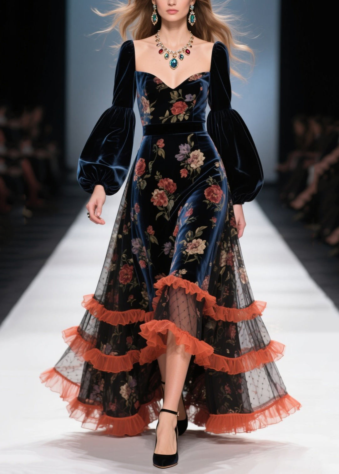 Floral Velvet Sweetheart Puff Sleeve Ruffle High Low Maxi Dress