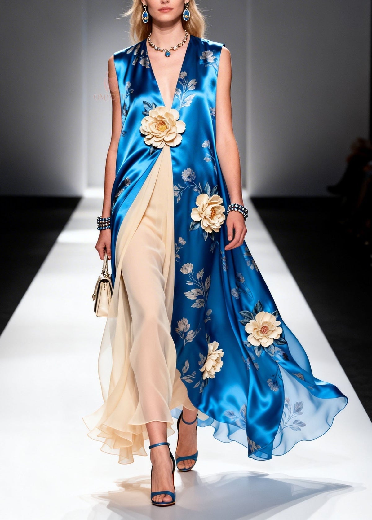 Satin Floral Print Deep V-Neck 3D Floral Applique Tulle Maxi Gown