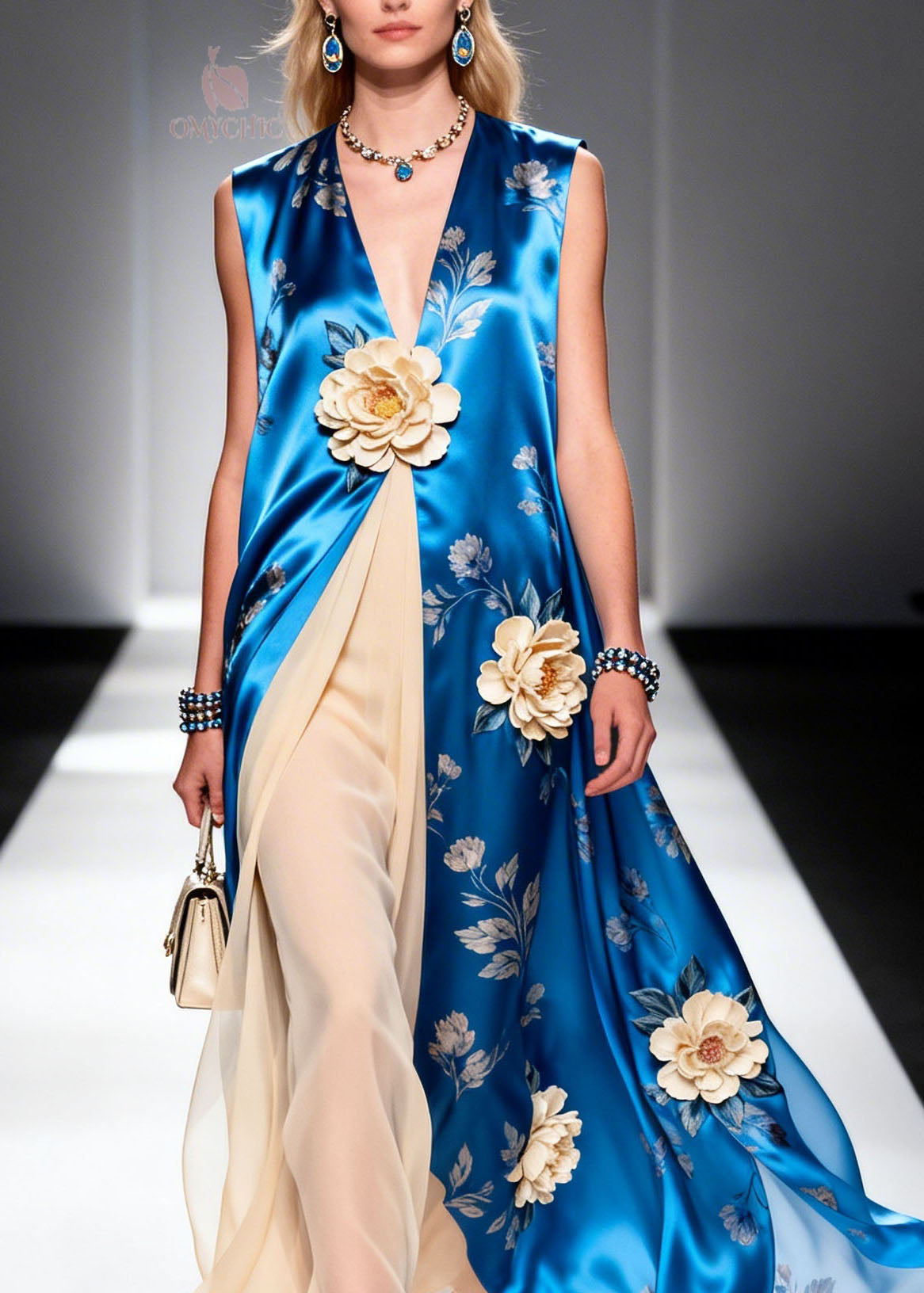 Satin Floral Print Deep V-Neck 3D Floral Applique Tulle Maxi Gown - View 2