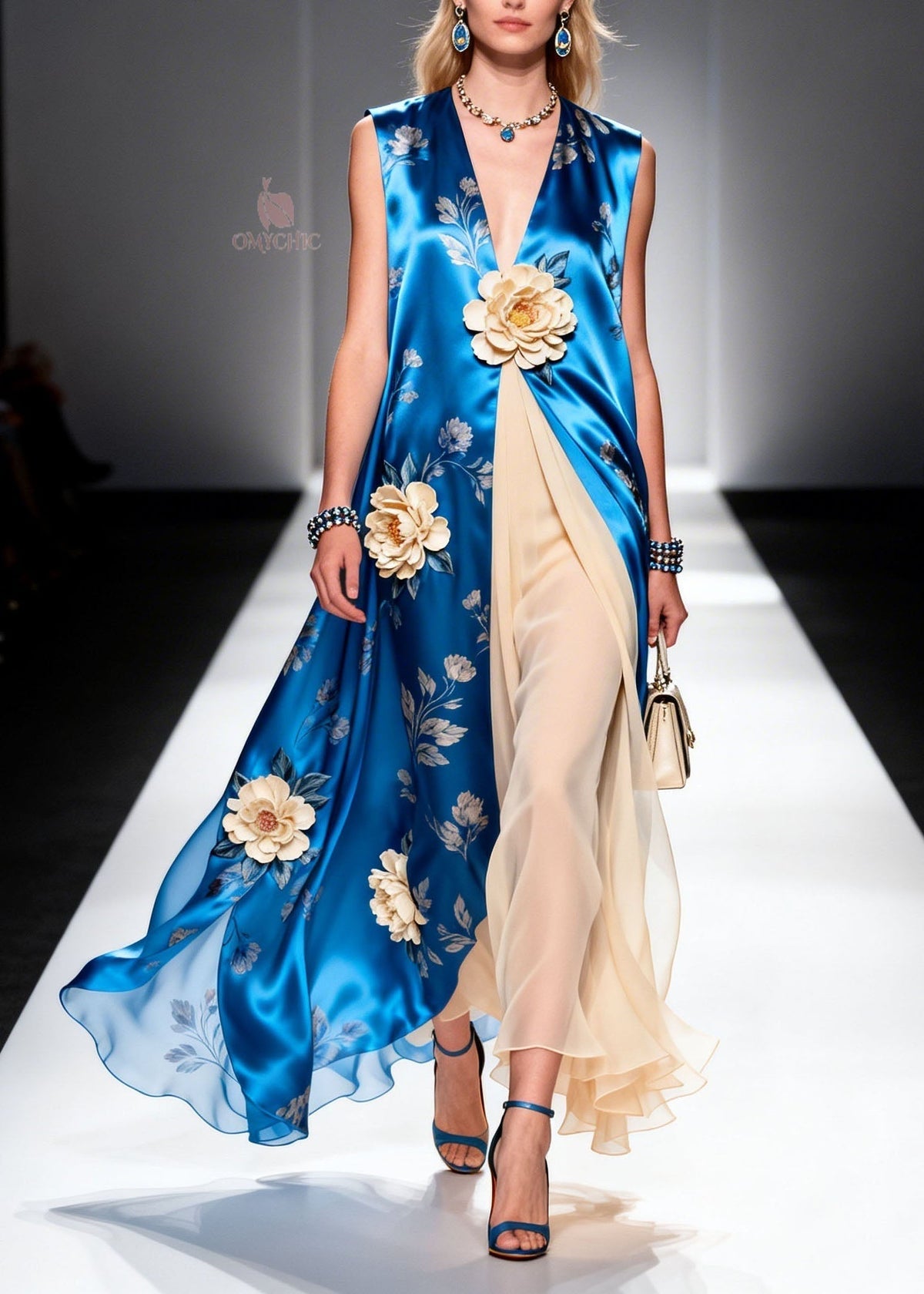 Satin Floral Print Deep V-Neck 3D Floral Applique Tulle Maxi Gown - View 3
