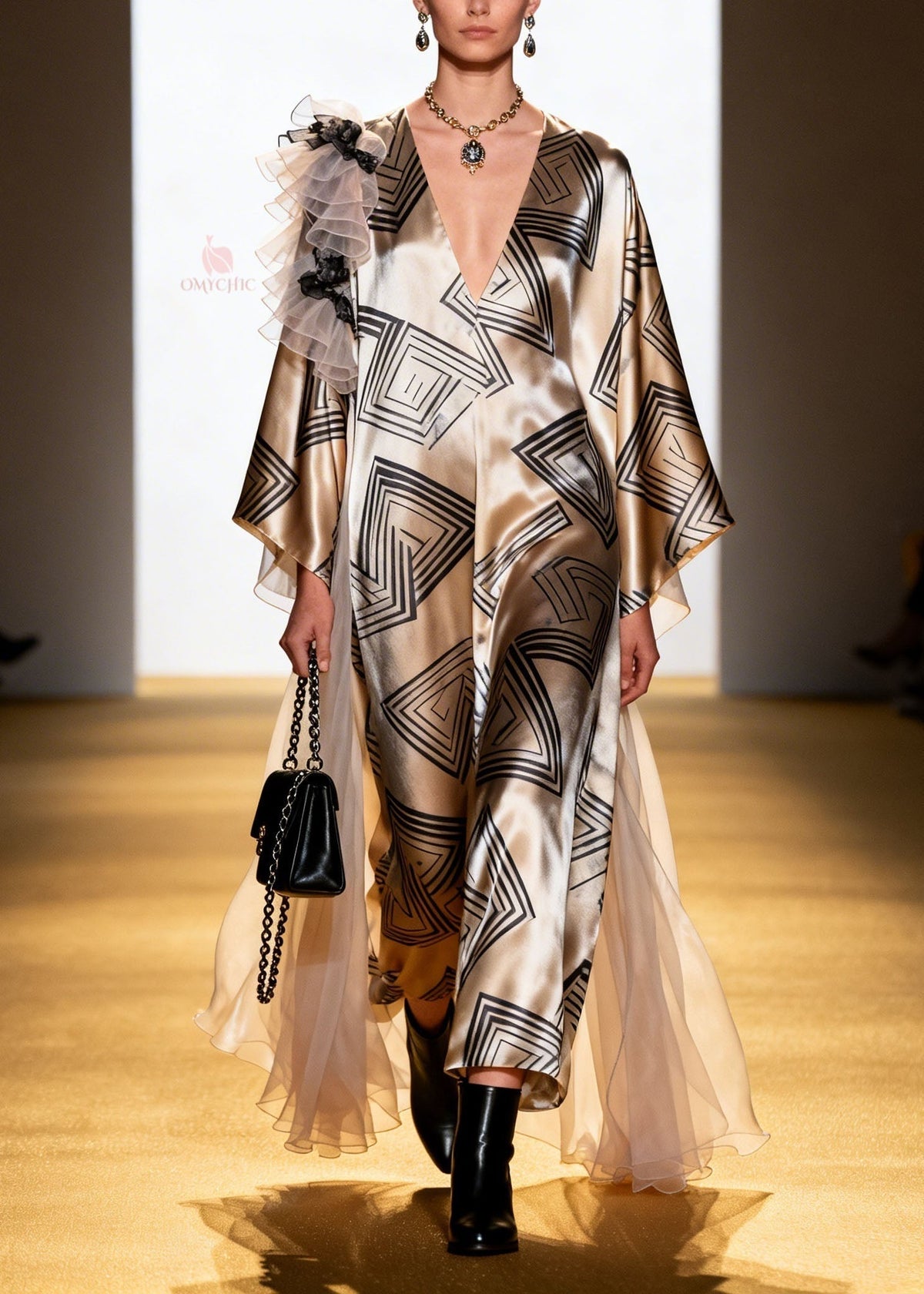 Geometric Print Deep V-Neck Sleeve Shoulder Ruffle Maxi Dress