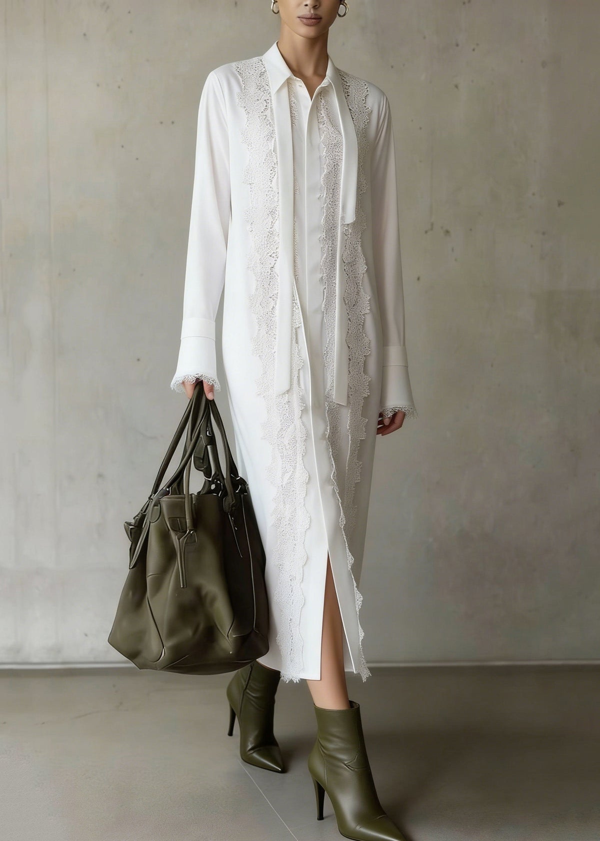 Chiffon Tie Neck Long Sleeve Lace Panel Midi Shirt Dress - View 3