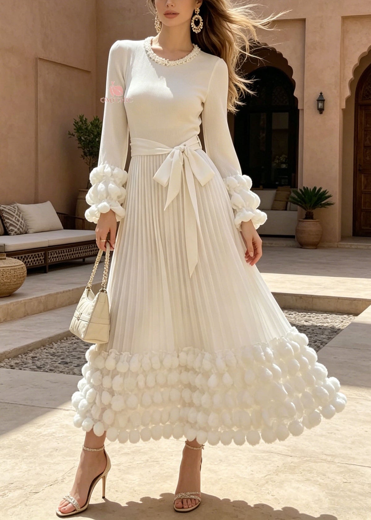 Pearl Trim Round Neck Pom Cuff Rib Knit Pleated Bow Maxi Dress - View 5