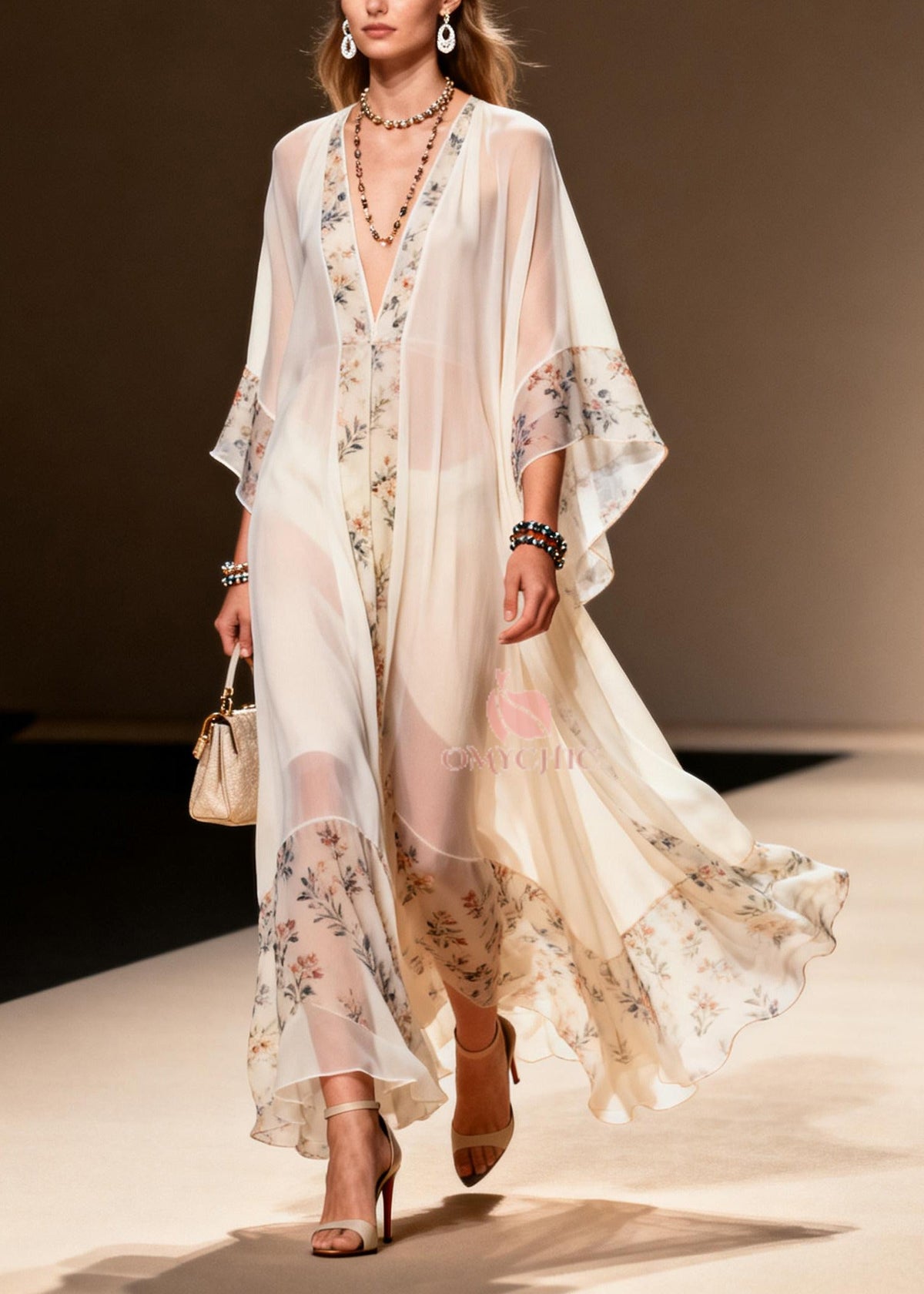 Sheer Chiffon Floral Panel V-Neck Bell Sleeve Kaftan Maxi Gown - View 3