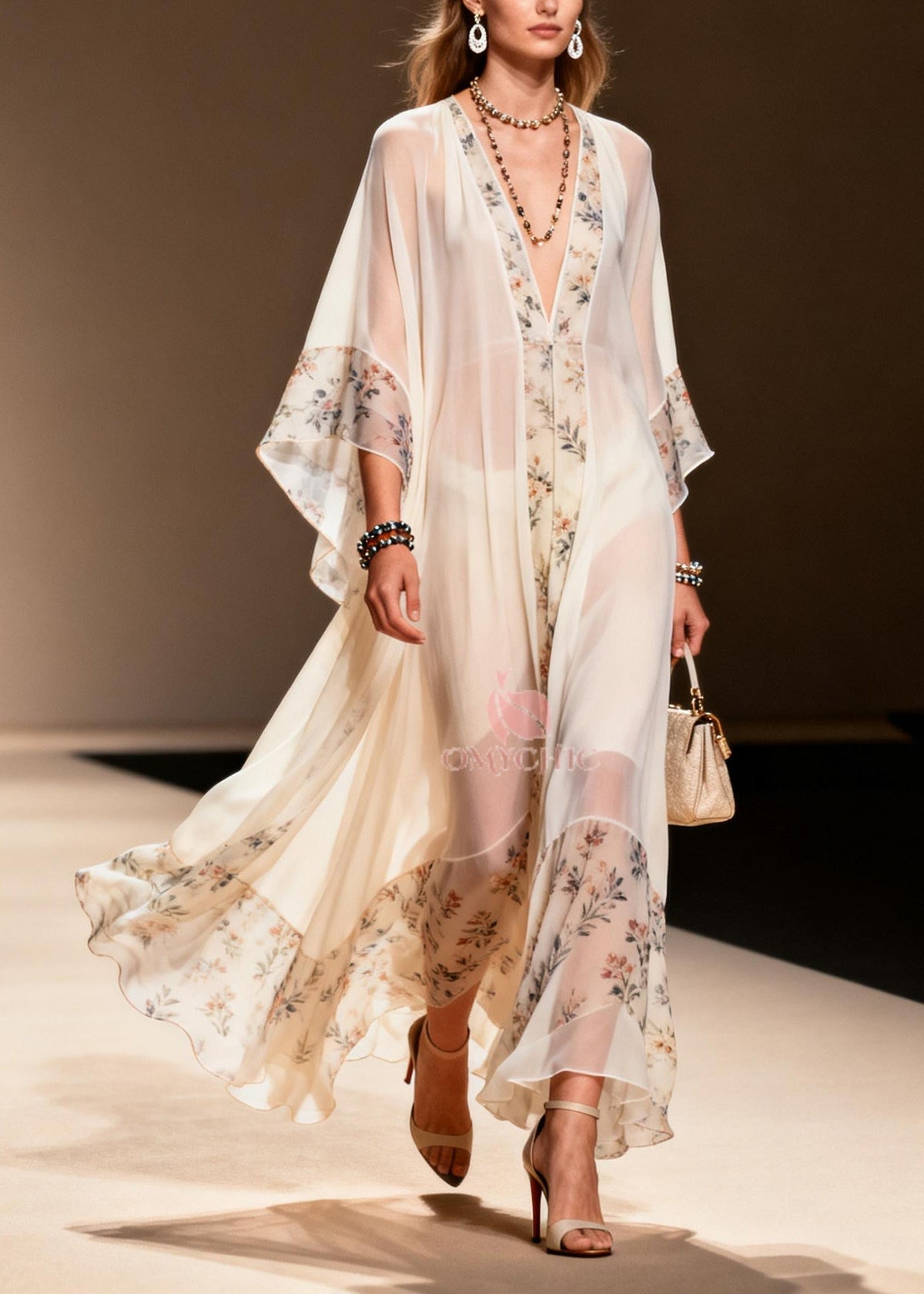 Sheer Chiffon Floral Panel V-Neck Bell Sleeve Kaftan Maxi Gown - View 5