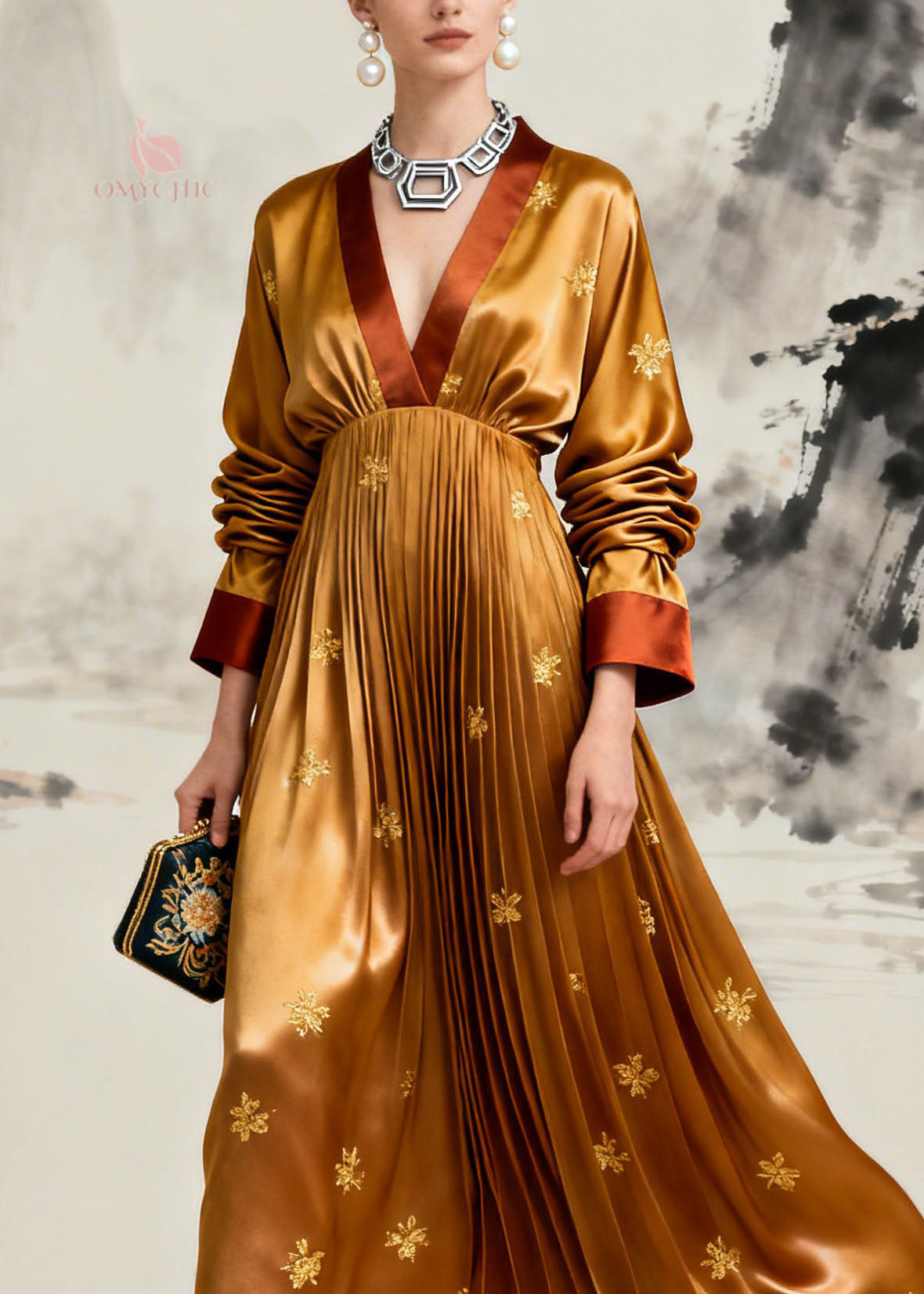 Deep V-Neck Long Sleeve Floral Embroidered Pleated Satin Maxi Dress 2