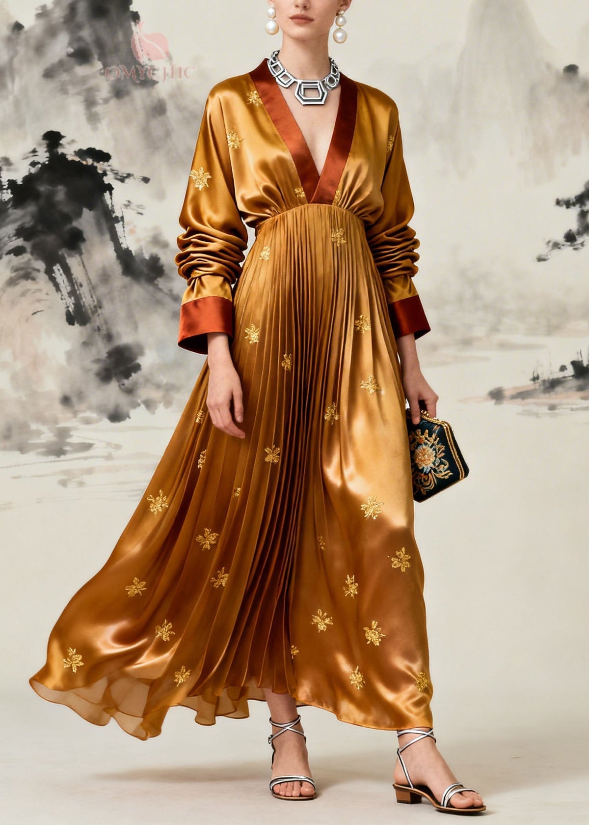 Deep V-Neck Long Sleeve Floral Embroidered Pleated Satin Maxi Dress 3