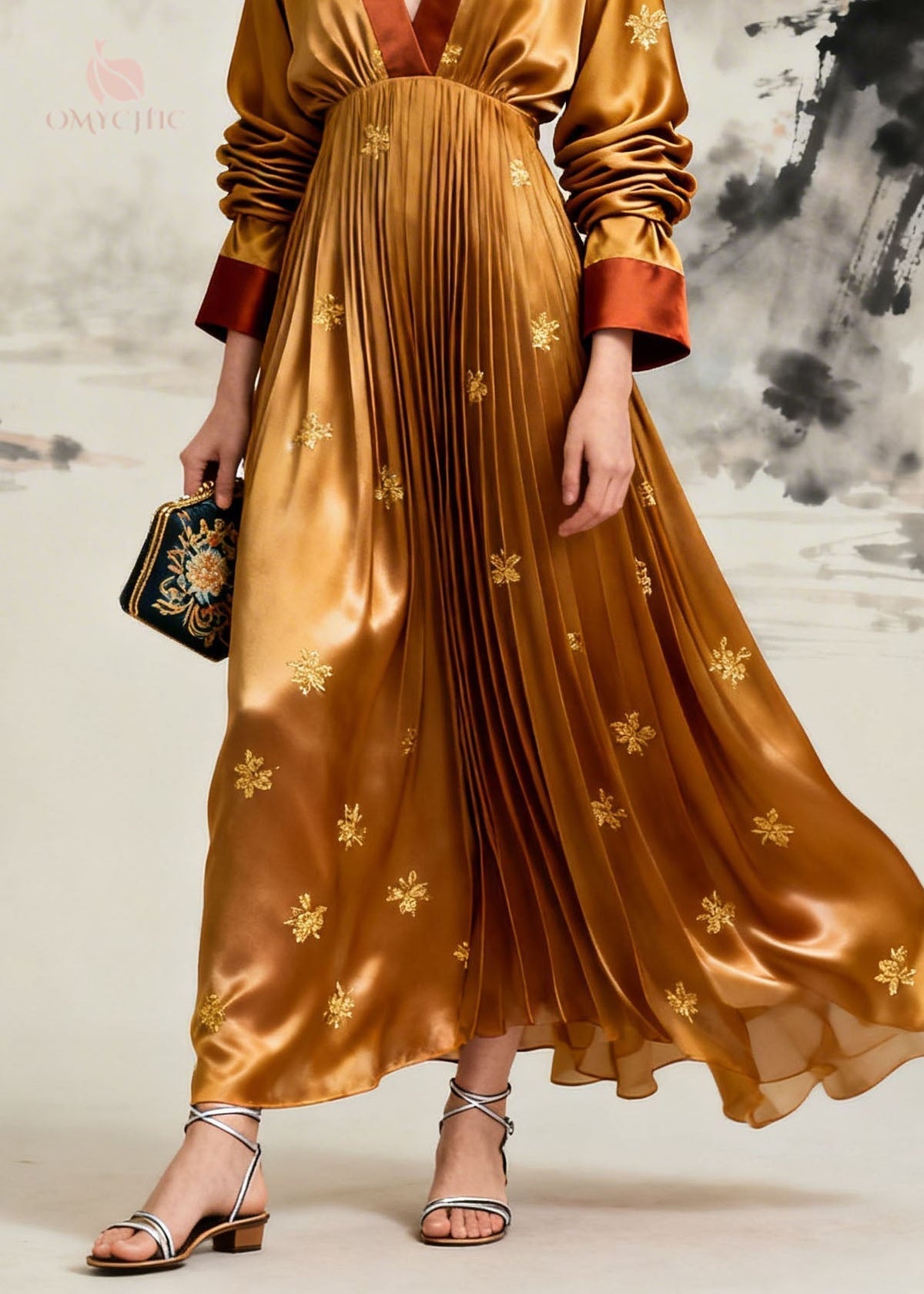 Deep V-Neck Long Sleeve Floral Embroidered Pleated Satin Maxi Dress 4