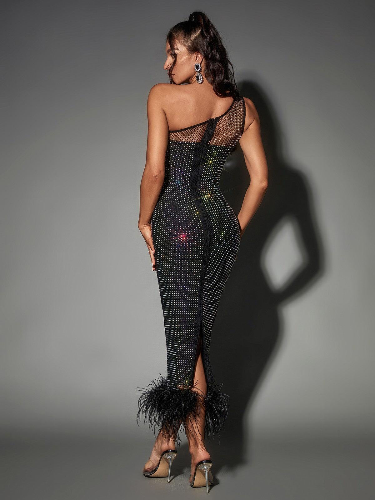One Shoulder Mesh Rhinestone Feather Trim Bodycon Midi Dress - View 5