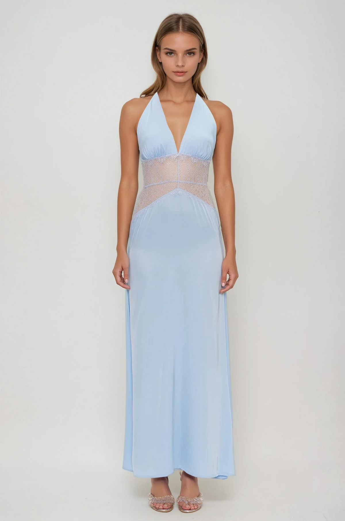 Bowie Lace Plunge Backless Maxi Dress In Blue - View 2