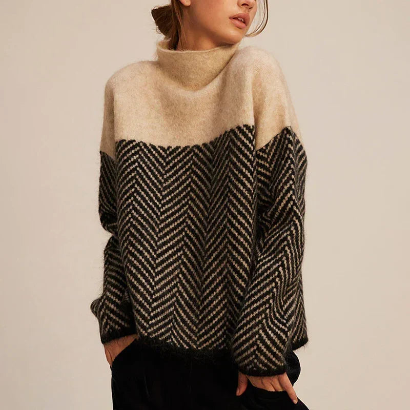 Turtleneck Herringbone Colorblock Knit Sweater