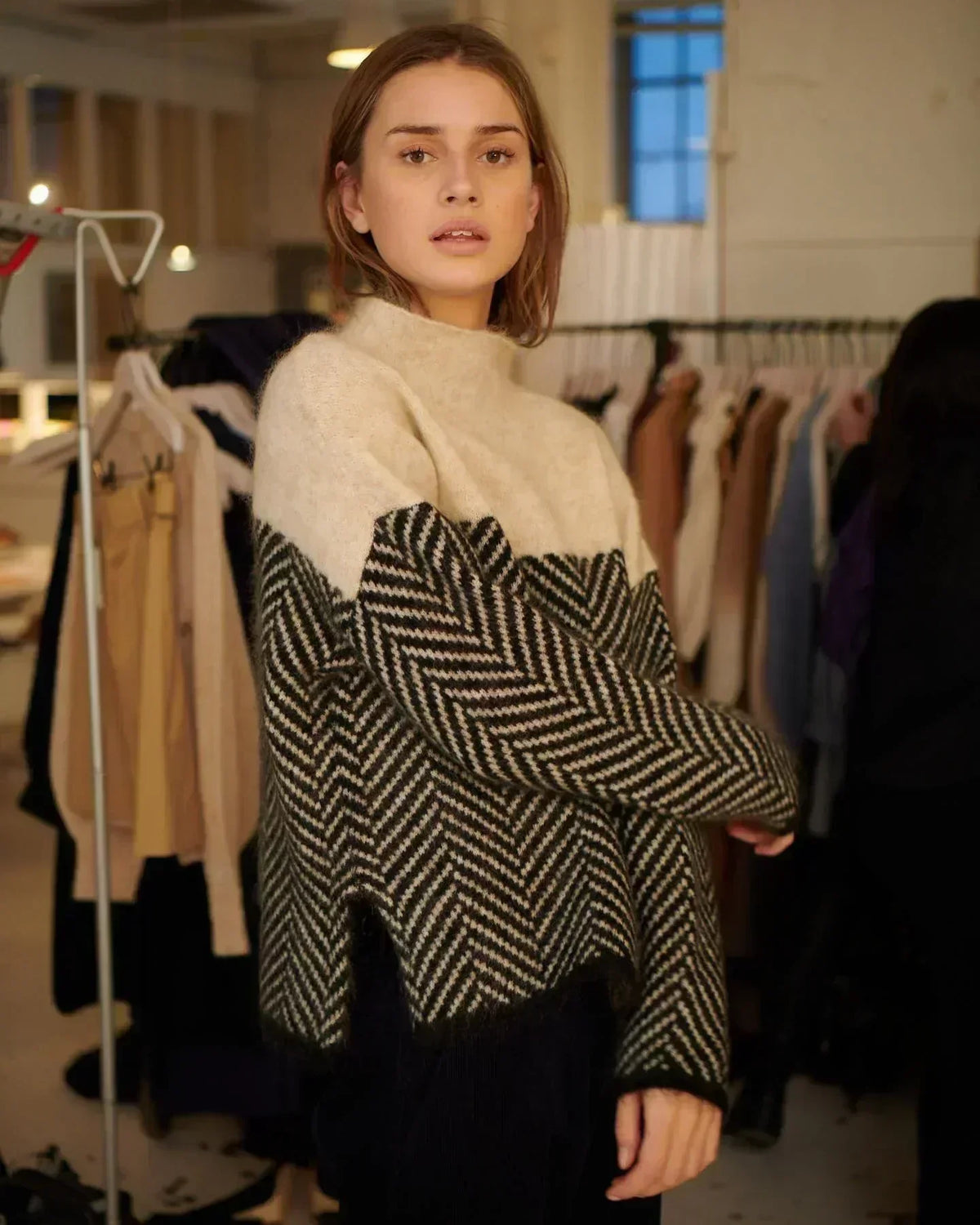 Turtleneck Herringbone Colorblock Knit Sweater 4