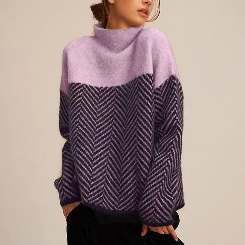 Turtleneck Herringbone Colorblock Knit Sweater 3