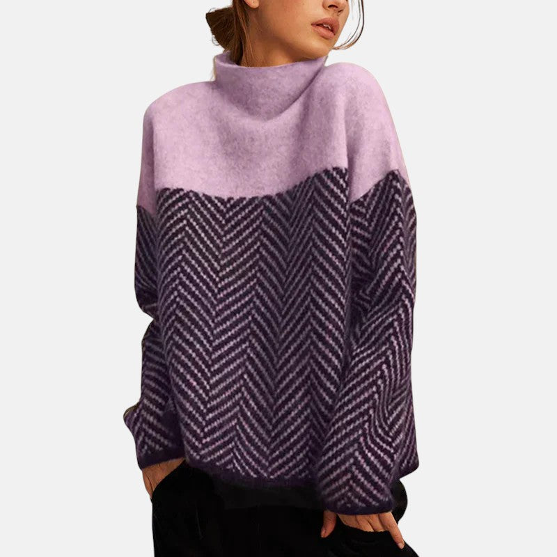 Turtleneck Color Block Herringbone Oversized Knit Sweater 3