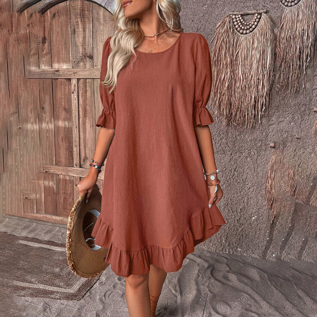 Puff Sleeve Round Neck Ruffle Cuff Flounce Hem Shift Mini Dress - View 2