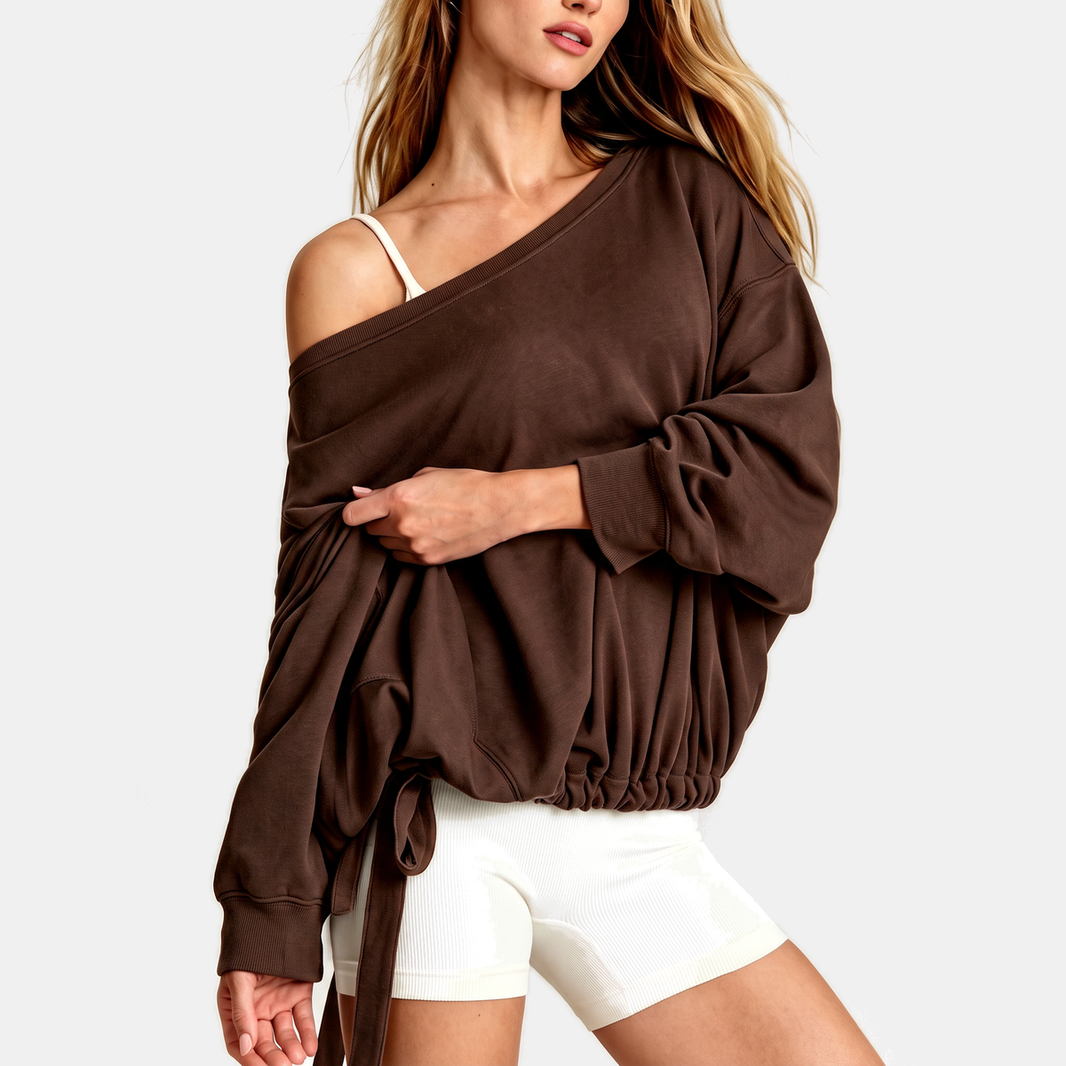 Boat Neck Drawstring Side Oversized Sweatshirt 5
