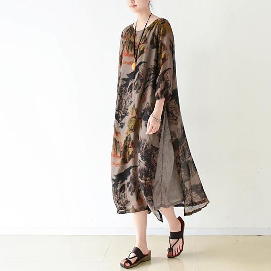 Brown flowy print chiffon dresses maxi dress long sleeve cotton lining - View 2