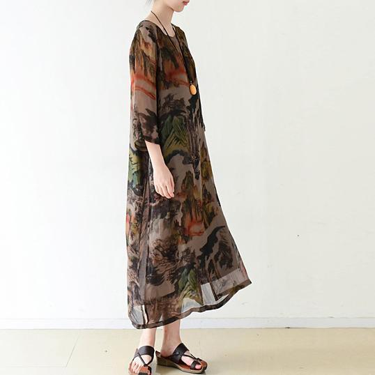 Brown flowy print chiffon dresses maxi dress long sleeve cotton lining - View 3