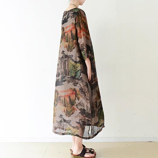 Brown flowy print chiffon dresses maxi dress long sleeve cotton lining - View 4