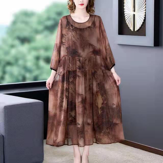 Brown Floral Maxi Dresses Plus Size Chiffon Dress - View 5