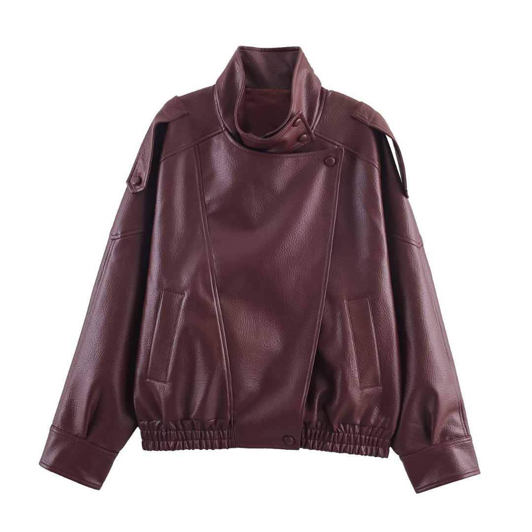 Faux Leather Stand Collar Oversized Bomber Jacket 2