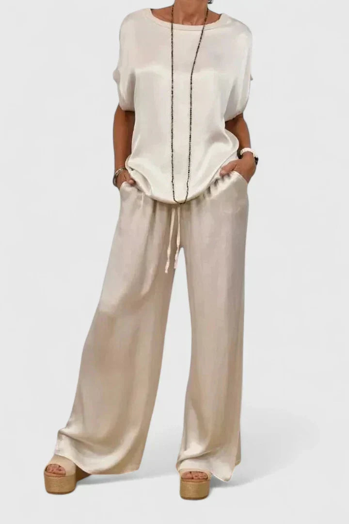 Satin Short Sleeve Top and Wide Leg Pants Two Piece Set 5