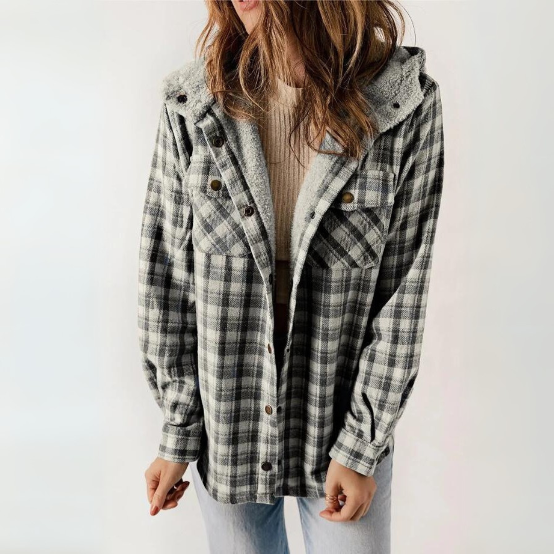 Plaid Sherpa Lined Hooded Button Front Shacket 10